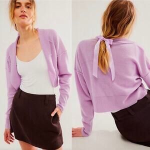 Free People 100% Cashmere Cropped Open Cardigan Lavender Frost NWT